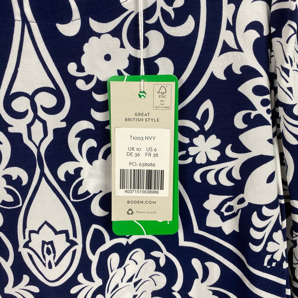 Boden Navy Blue Floral Paisley Long Sleeve Smocked Cuff Blouse Sz.6 NWT - Picture 9 of 16